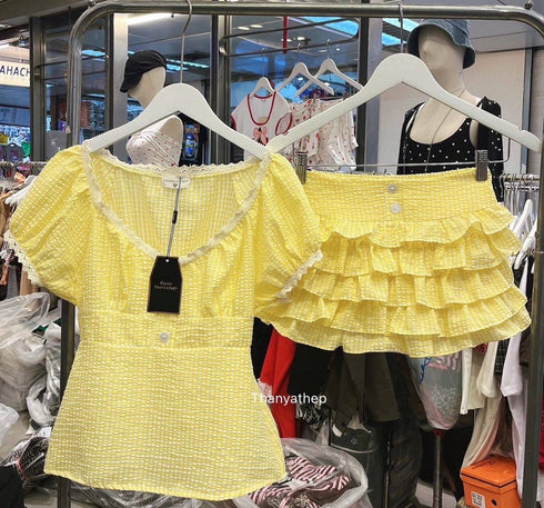 Aesthetic Frill Mini Skort With Puff Sleeves Round Neck Tops Sets